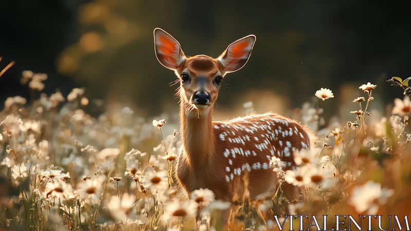 Young spotted fawn stands alert in glowing wildflower meadow