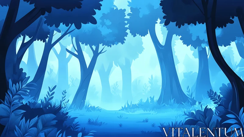 Mystical Blue Forest Landscape with Glowing Light