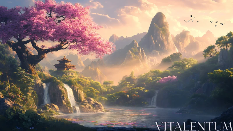 Digital landscape depicts pagoda, waterfalls and pink tree