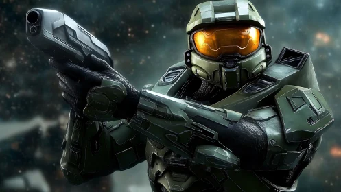 Armored space warrior steadies a gleaming sidearm in starlight