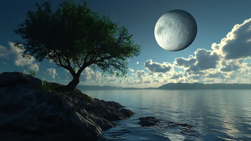 Solitary coastal tree under colossal moonlit sky.