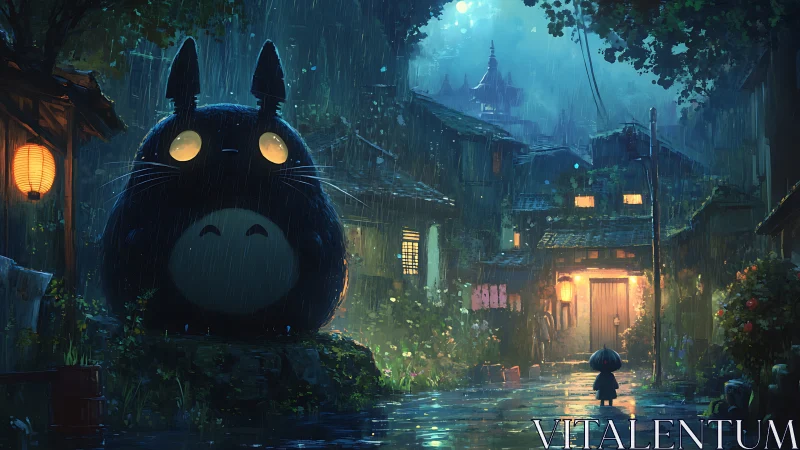 Large forest spirit and child in rainy lantern lit village