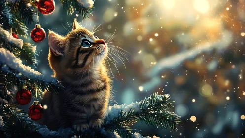 Digital painting of kitten in luminous snowy holiday bokeh field.