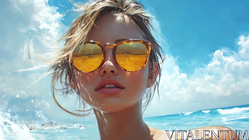 Female figure with yellow sunglasses stands before seascape