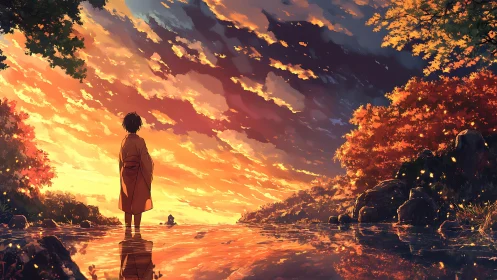 Sunset river reflection with lone figure in autumn glow.