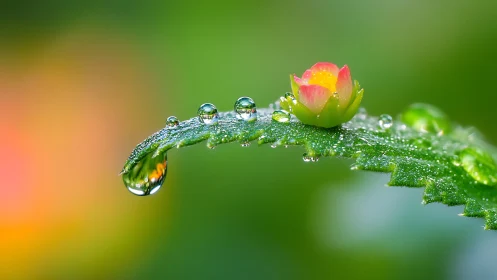 Macro view of dewdrops on green leaf with small flower bud.