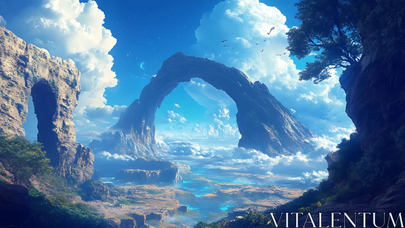Colossal Stone Gateway Frames Dreamlike Celestial Valley Below