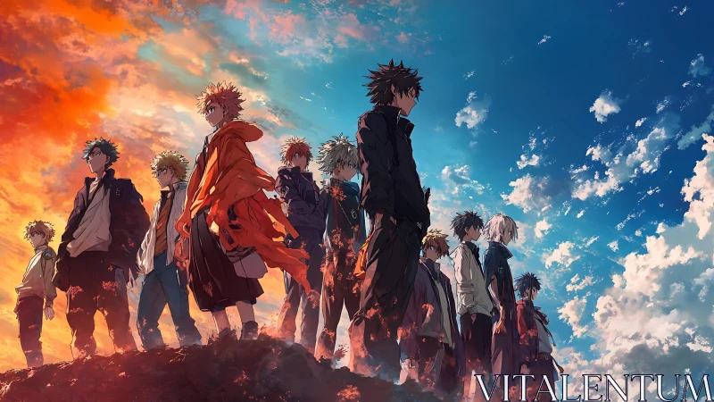 Group of anime youths on ridge under divided sky.