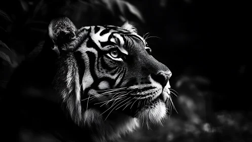 Monochrome profile portrait of a focused adult tiger.
