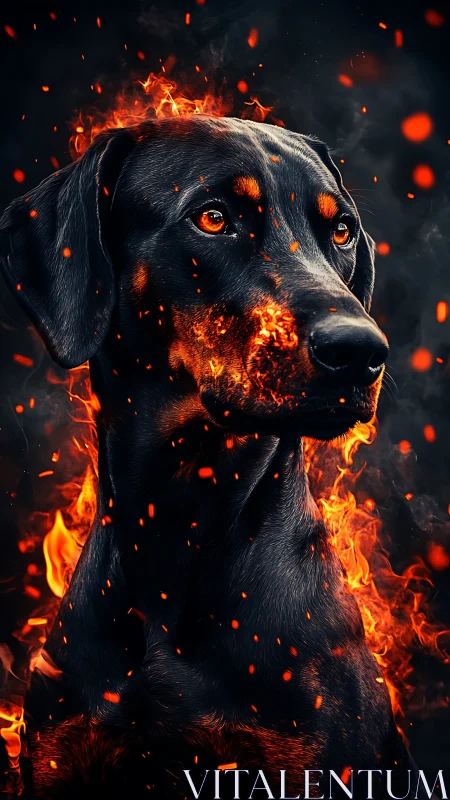Fiery black doberman portrait with embers and molten glow.