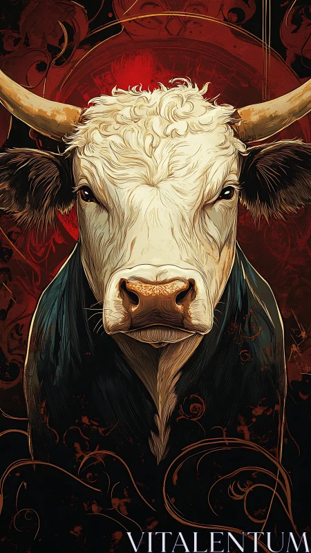 Majestic white bull stares ahead against ornate red swirls
