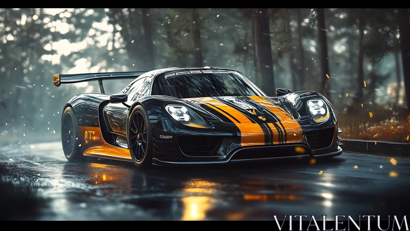 Hybrid race hypercar slices through wet forest road at dusk
