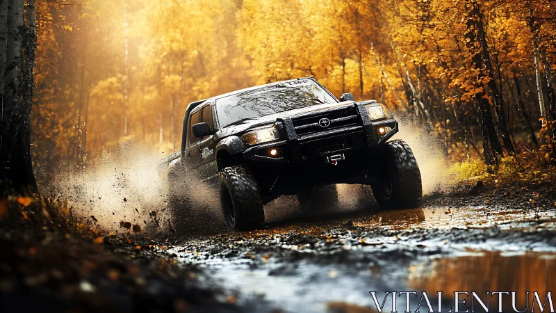 Mud-slinging off-road titan storms through fiery autumn forest.