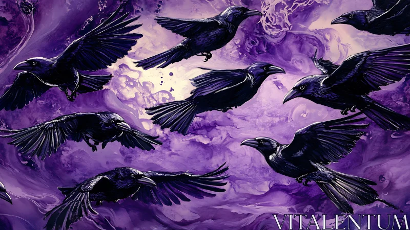 Midnight ravens gliding through swirling violet skies.