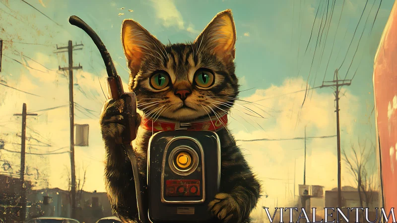 Digital painting of radio-wielding cat in urban streetscape.