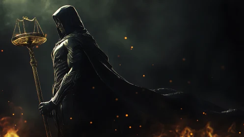 Hooded armored figure carries burning scales through darkness
