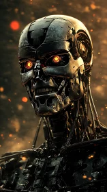 Cinematic cybernetic endoskeleton portrait with molten ember gaze.