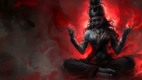 Divine dark goddess in red inferno with ornate jewelry.