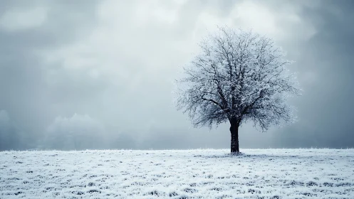 Isolated snow‑covered tree anchors a high‑contrast winter fog field