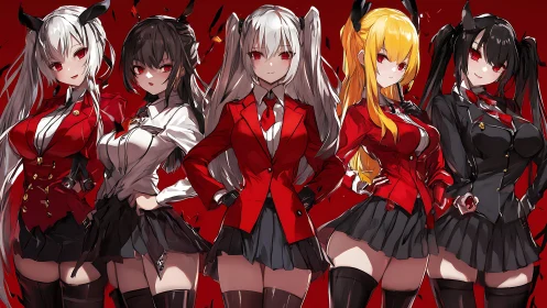 Crimson demon council in stylized anime academy uniforms.