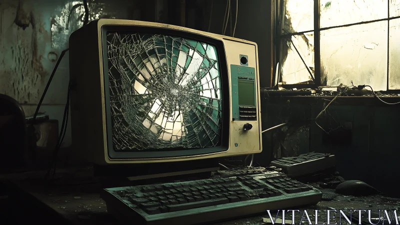 Forgotten vintage computer with a shattered glowing screen.