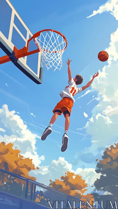 Basketball player jumps toward hoop on outdoor court