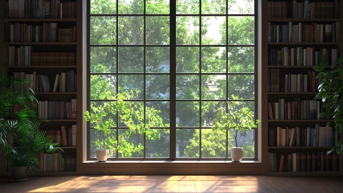 Large window in home library with bookshelves and plants.