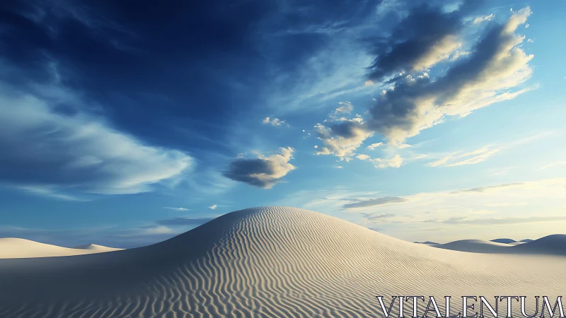 Curved sand dune under expansive stratified sky at sundown