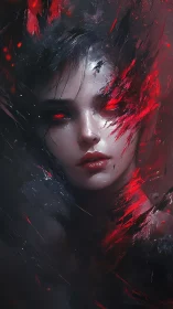 Infernal-eyed digital portrait in fragmented crimson shrouds