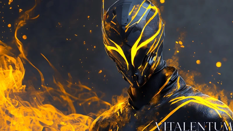 Armored humanoid figure with molten streaks amid flames.