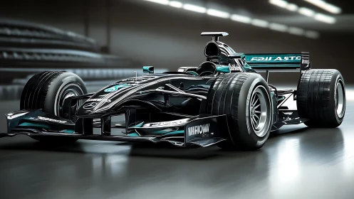 Midnight silver formula racer slicing through neon speedway.