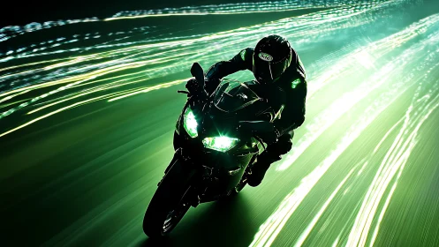 Motorcyclist racing through neon green light trails at speed.