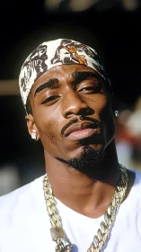 Confident man wearing patterned bandana in sharp sunlight