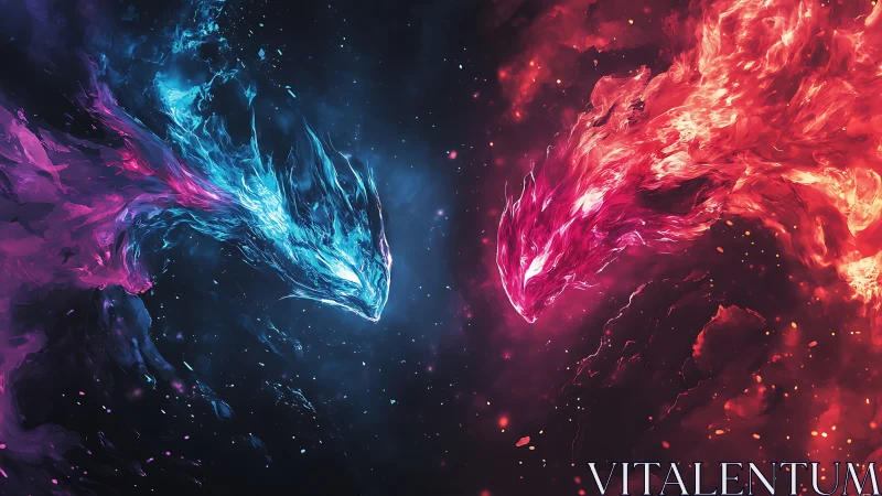 Elemental nebula dragons in opposing blue and red plasma forms