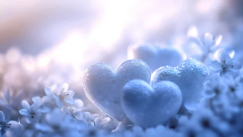 Crystalline Hearts Dance Through Frosted Petals in Dreamy Bloom