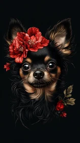 Digital portrait shows long-haired dog with red floral elements