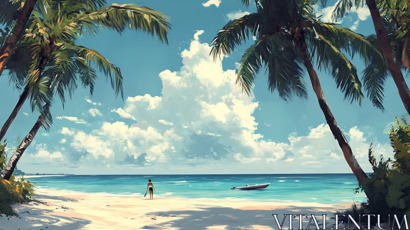 Tropical Beach Scene with Palm Trees and Boat.