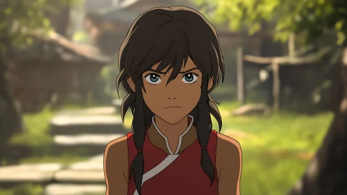 Determined anime heroine in sunlit village path setting.