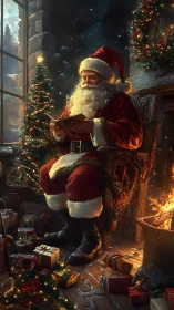 Santa reads by the hearth in a warmly glowing Christmas room.