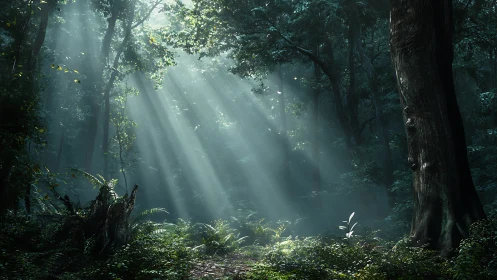 Mystical Forest Sanctuary with Ethereal Light Rays.