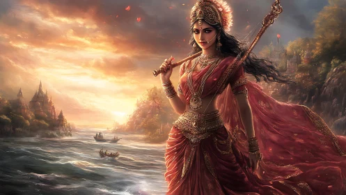 Warrior goddess on riverside cliff under burning sunset sky