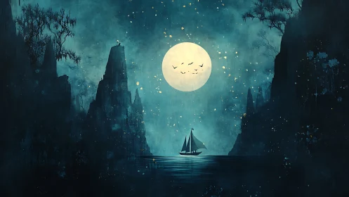 Moonlit sailing vessel between steep coastal cliffs.