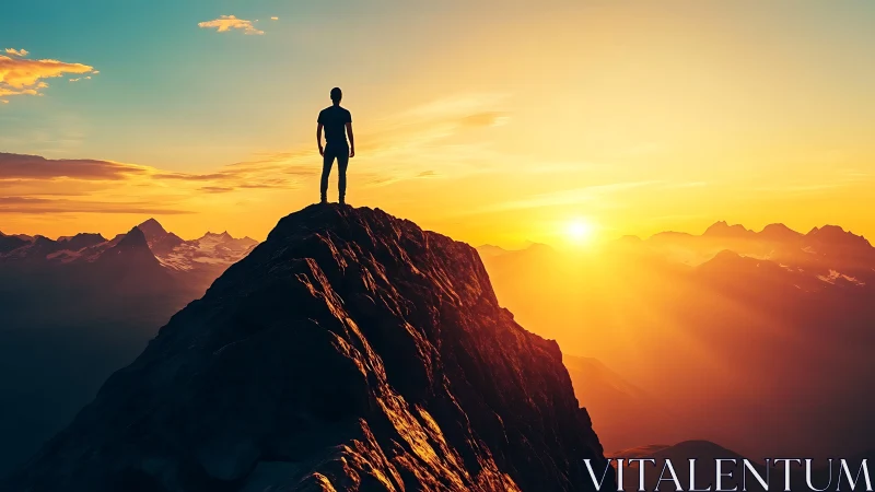 Silhouetted climber atop sunlit ridge against glowing horizon.