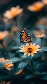 Macro study isolates monarch butterfly on soft bokeh daisies