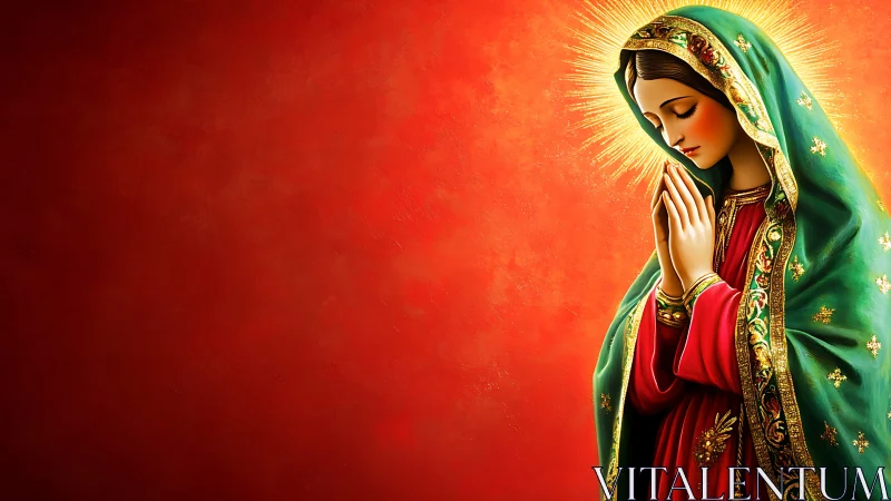 Praying woman in green mantle against vivid red background.