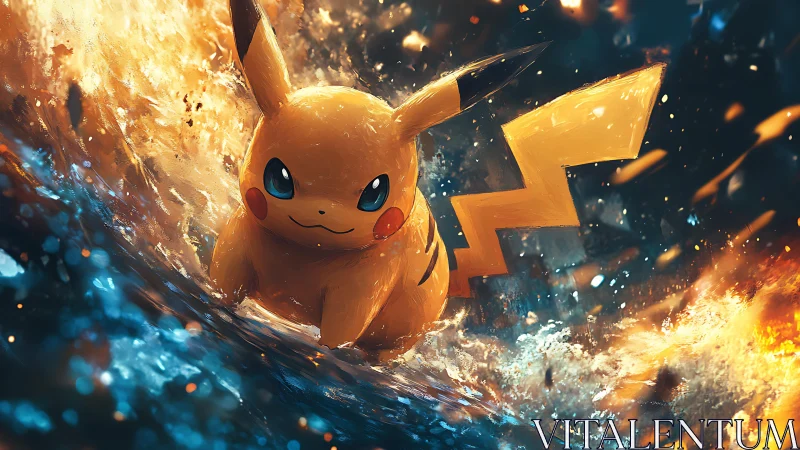 Dynamic Pikachu charging through fire and water clash.