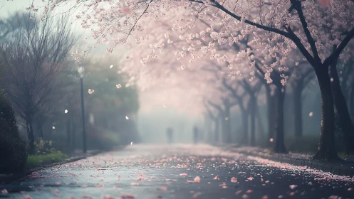 Foggy urban pathway lined with pink cherry blossom trees.