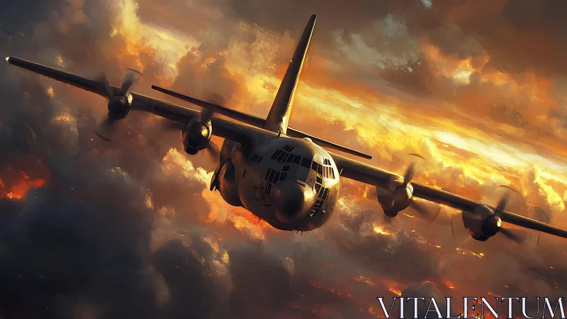 Military transport plane cuts through blazing storm clouds