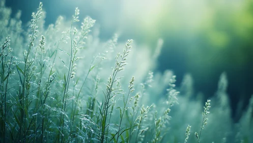 Close-up of sunlit green grass blades in soft morning light.