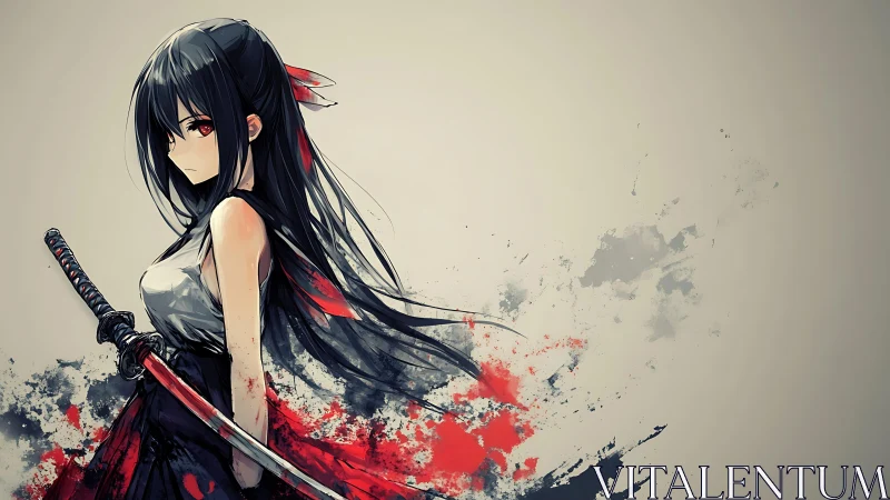 Anime swordswoman with red katana amid abstract splashes.